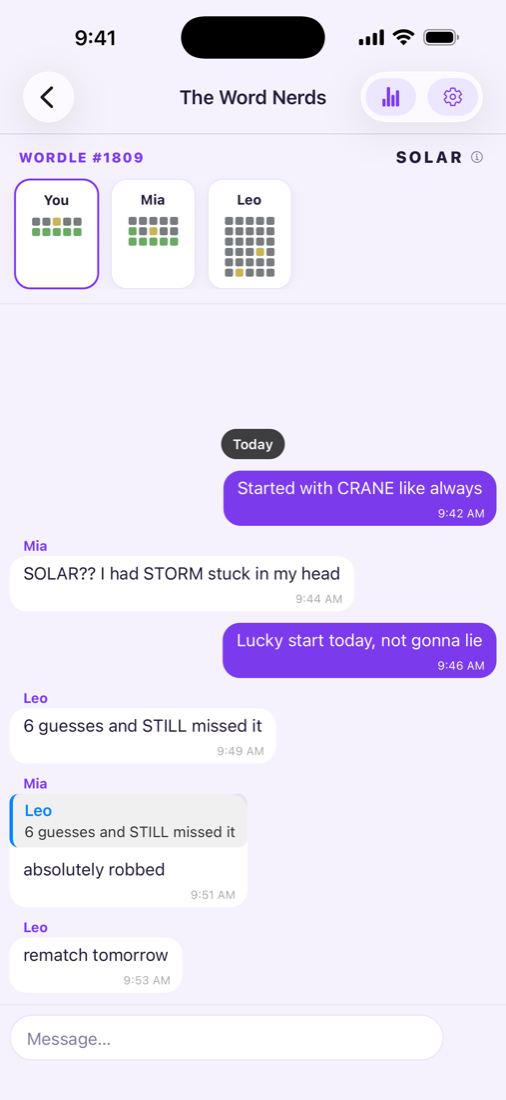 Group chat with everyone's grids pinned and the day's answer revealed